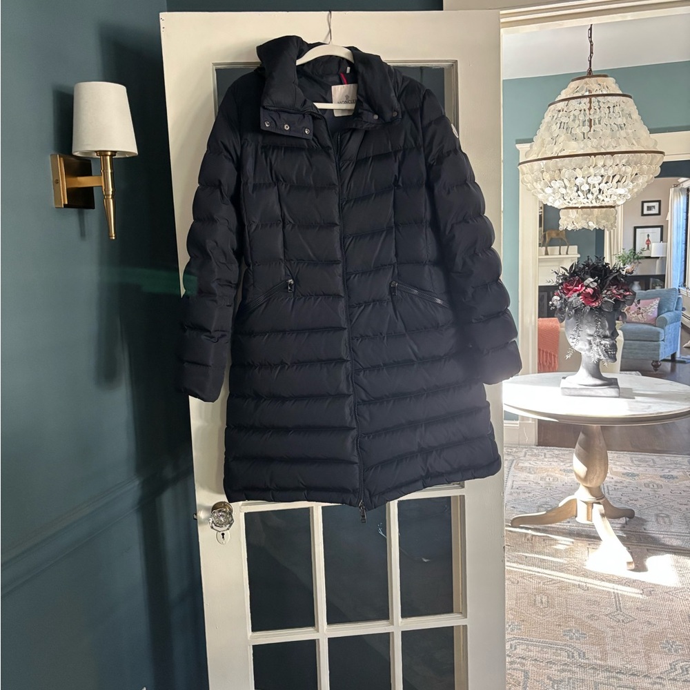 Moncler Flammette Water Repellent
Long Hooded Down Coat Black